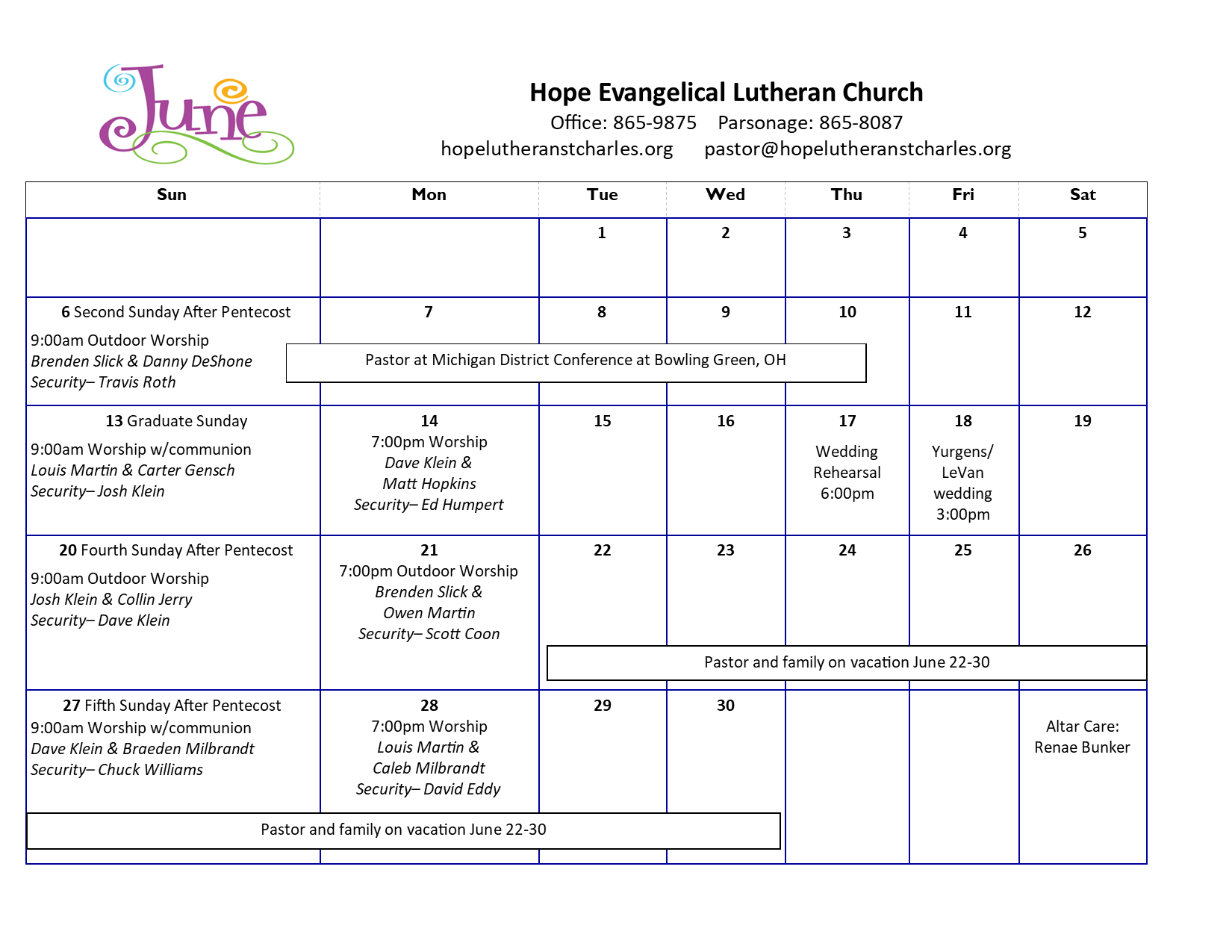 Monthly Calendar - Hope Evangelical Lutheran Church, St. Charles, MI